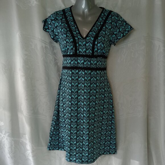 Daniel Laurent Women's V Neck Geometric Dress Sz Small Blue Black VTG Y2K - Picture 1 of 12